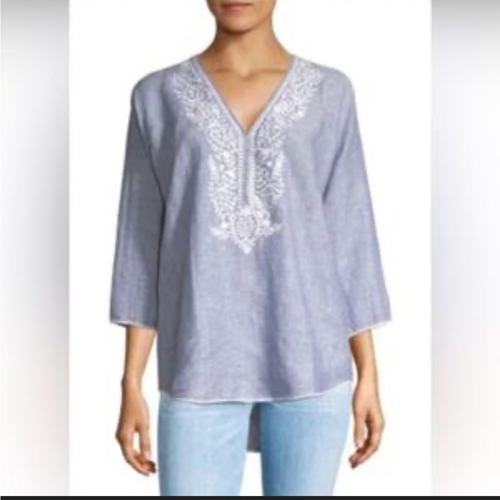 Saks Fifth Avenue 100% Linen Embroidered Tunic Blouse Blue White Size Medium